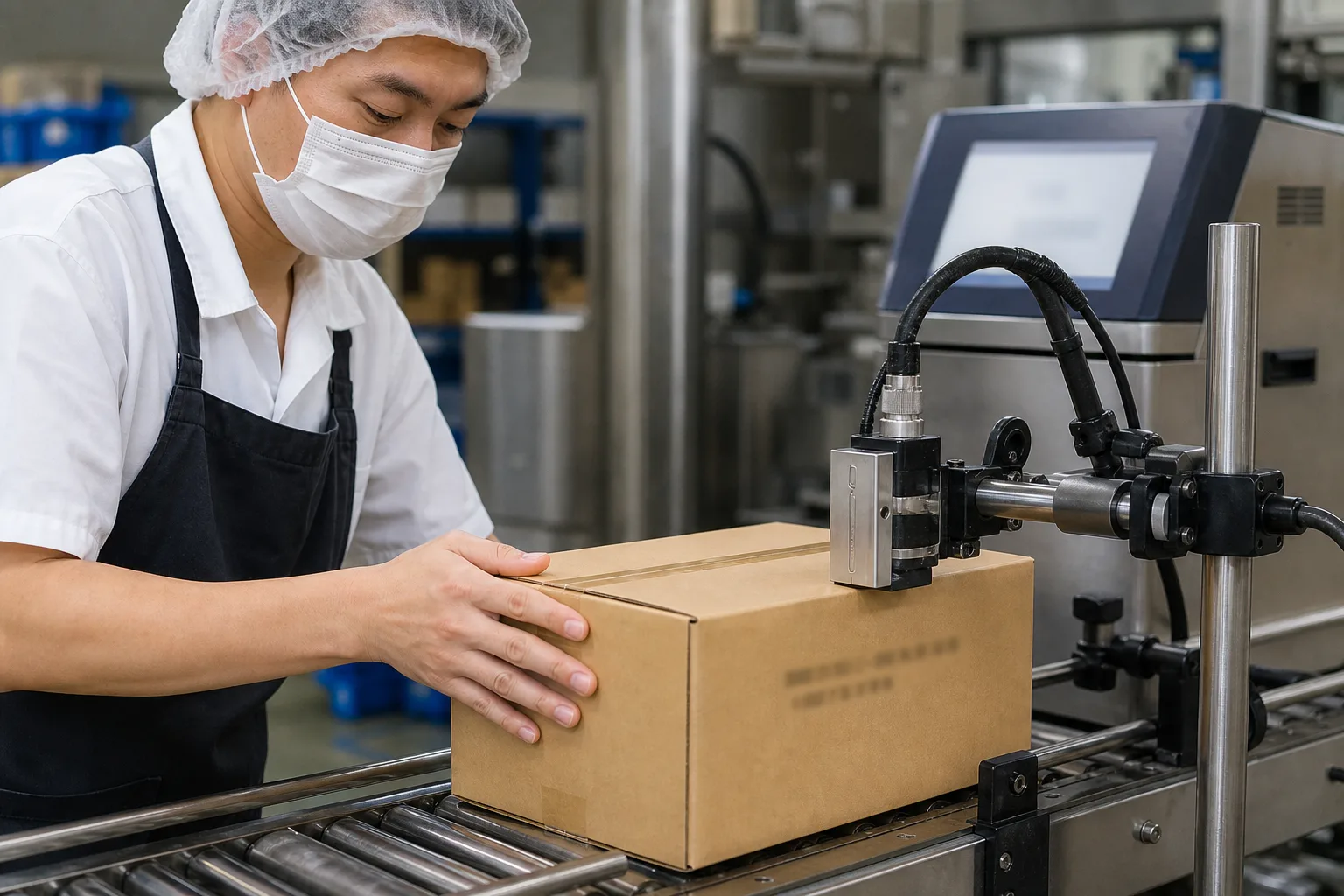 情境示意:作業人員處理食品外箱的日期與批號標示